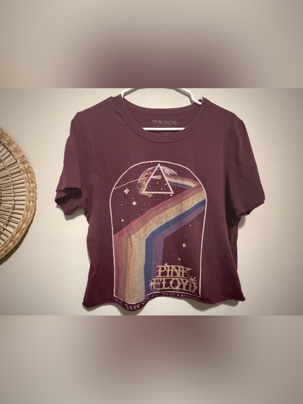 Pink Floyd Semi Cropped Boxy Fit Maroon Graphic Tee with Rainbow Prism Dark Side